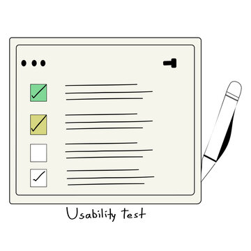 Colorful hand drawn usability testing interface with checklist and pencil, representing user testing, product evaluation and UX research.