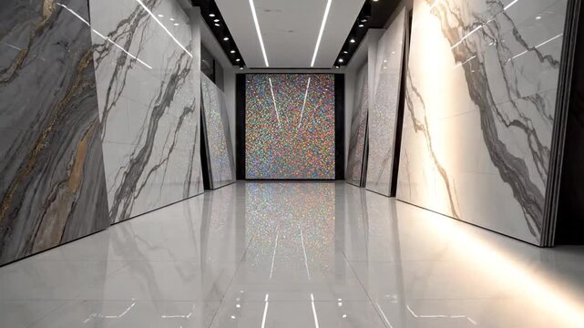 Marble Hallway Elegance: A grand hallway showcases an array of exquisite marble slabs, their natural patterns creating a visually stunning display of luxury and sophistication.