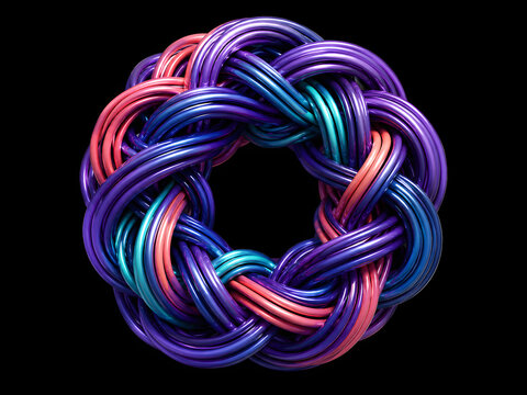 A vibrant 3D rendered abstract knot made of colorful intertwined wires forms a circular shape.