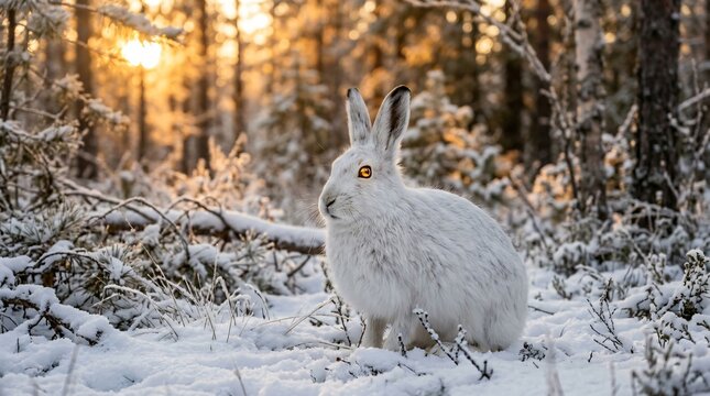White snowshoe hare sitting in a snowy forest at golden hour sunrise, wild arctic rabbit among frosted pine branches in winter.
