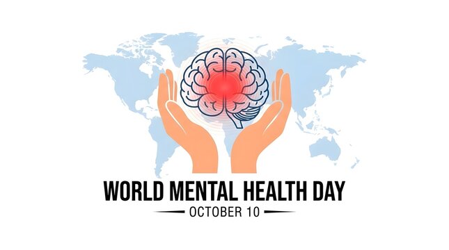 A conceptual illustration featuring human hands holding a glowing brain icon over a world map background to celebrate the annual global world mental health day