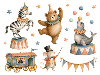 Fototapeta premium Adorable circus animals including a dancing bear, a zebra, a seal, and a mouse in a charming 3d style.
