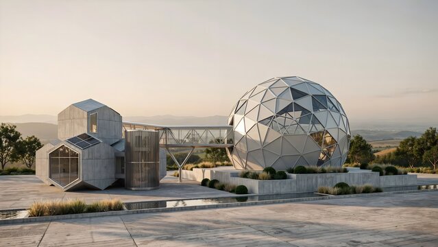 Geodesic glass dome in sustainable facility &ndash; Ideal for green energy research, eco architecture, or biosphere technology.
