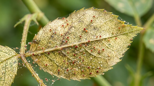 Red spider mites (Tetranychus urticae) infesting a stressed foliage surface with visible feeding damage and webbing traces  agricultural pest horticultural threat plant stress mite colony fine