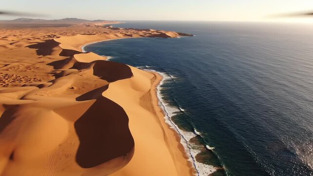 Aerial drone flight over Namibian coastal desert dunes during golden hour sunlight with ocean waves crashing