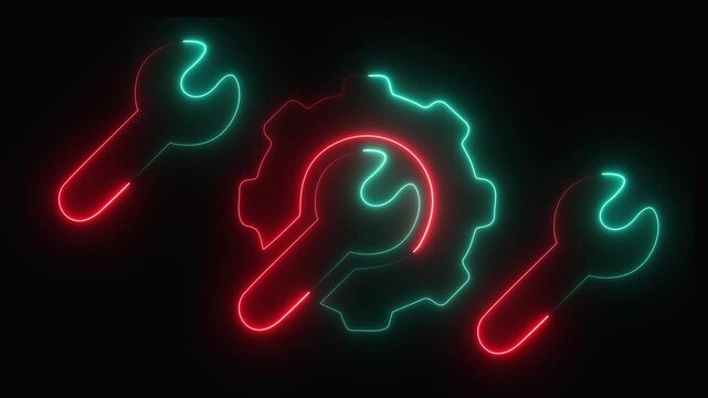 Neon gear and wrench animation, digital maintenance and technical support concept, glowing blue and purple sign on black icon