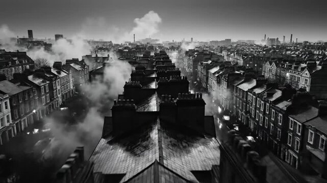 Black and white aerial view of a vintage European city shrouded in smoke and fog with rows of chimneys and houses