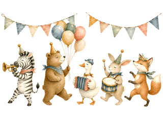 Fototapeta premium Adorable watercolor animals like a zebra, bear, duck, rabbit, and fox celebrate a birthday party with instruments and balloons.