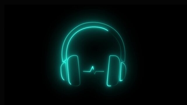 Neon Cyan Headphones Glowing with Audio Pulse on Black Background