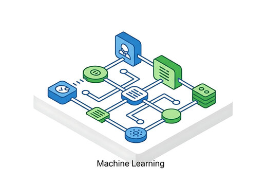 Isometric machine learning diagram showing interconnected digital nodes