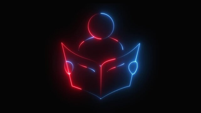 Neon Red and Blue Reader Reading a Book with Glowing Outline on Black Background