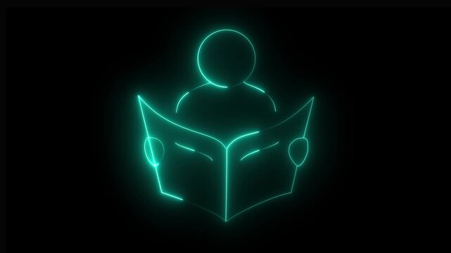 Neon Cyan Reader Reading a Book with Glowing Outline on Black Background