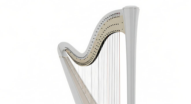 A white modern pedal harp stands isolated against a plain white background in a studio