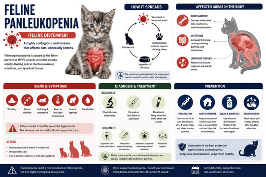Feline Panleukopenia Infographic with Symptoms, Transmission, Diagnosis and Prevention