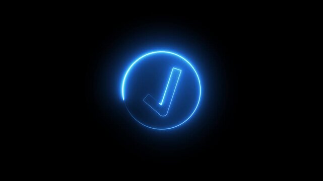 Neon checkmark sign icon animation glowing blue color success tick mark correct agree verify, positive, ok, finishing, checkbox icon sign symbol on black background	