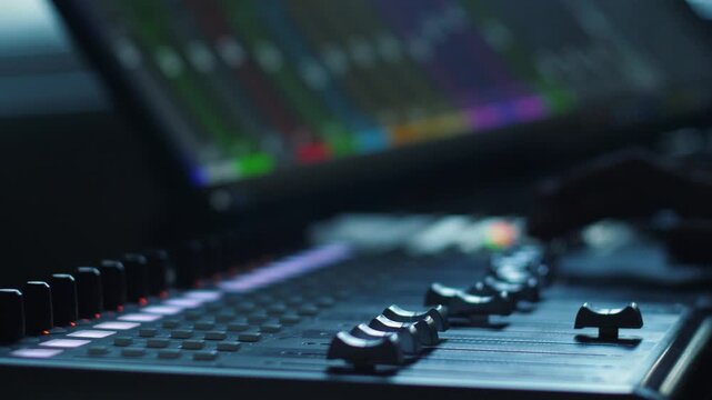Close-up of a professional mixing console in a recording studio with illuminated buttons and faders. Sound engineer or music producer adjusting audio levels during track recording or mixing