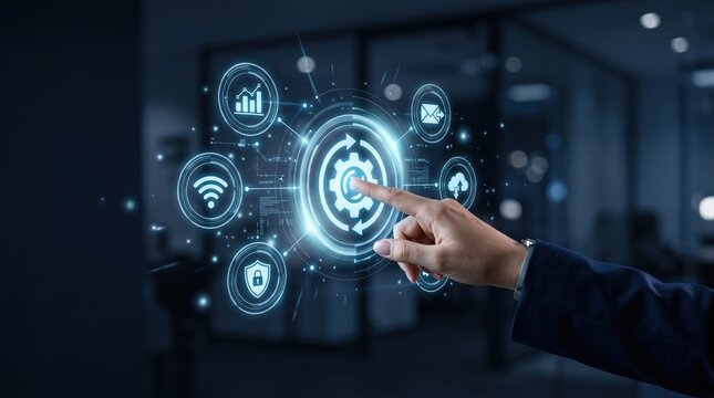 Hand touching virtual holographic interface with settings gear icon, surrounded by connectivity symbols like wifi, security shield, cloud, and analytics charts