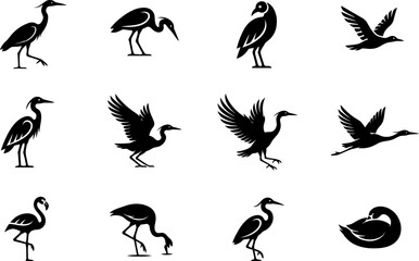 Naklejka premium Set of black silhouette icons featuring various herons cranes and water birds in different poses