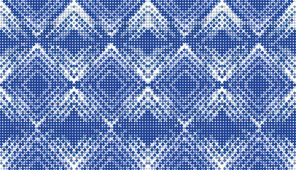 Fototapeta premium Blue and white chevron halftone pattern with diamond shapes for corporate branding and textile backgrounds.