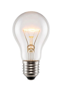 Classic incandescent light bulb with a glowing filament, captured in a studio shot against a clean white background, symbolizing bright ideas and energy