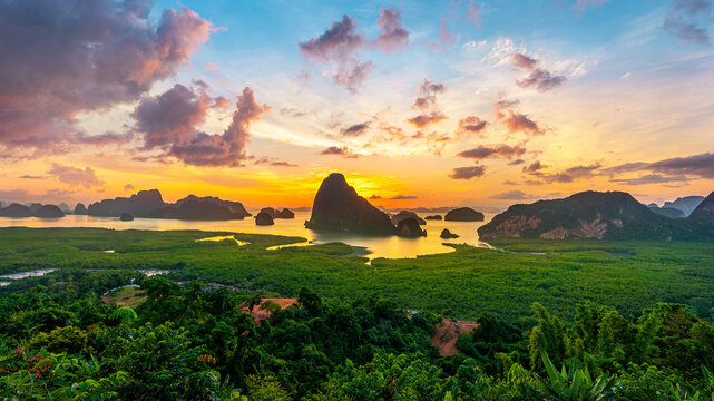 Panoramic of Samet Nangshe viewpoint at sunrise in Phang nga, Thailand.