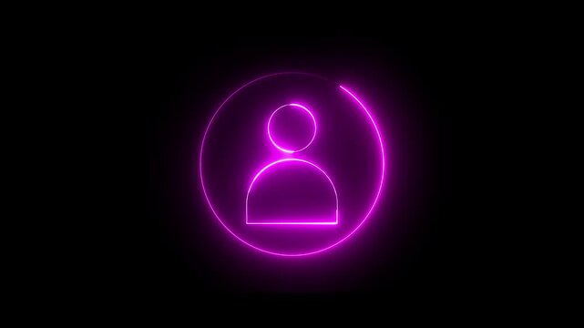 Neon user sign icon animation glowing pink color contact profile people man male head account circle icon sign symbol on black background	