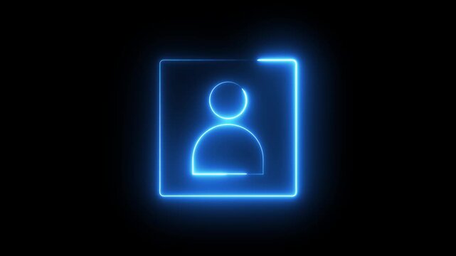 Neon user sign icon animation glowing blue color contact profile people man male head account circle icon sign symbol on black background	