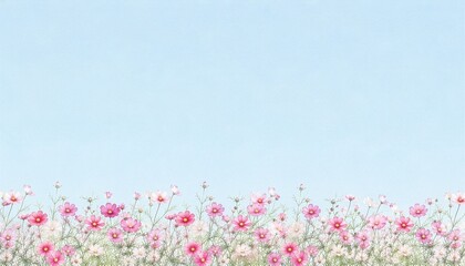 Obraz premium Cosmos Flowers Blooming Along a Pale Blue Sky Background with copy space