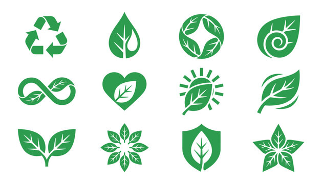 Set of green eco-friendly symbols, recycling, nature leaves, and sustainable design elements