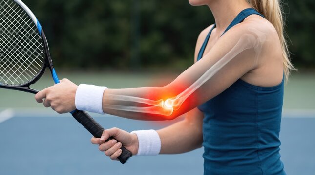 A female tennis player holding a racket with an anatomical X-ray illustration highlighting painful elbow joint inflammation.