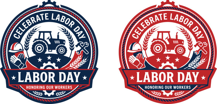 Labor day celebration badge with tractor, tools, and work gear, vector illustration set