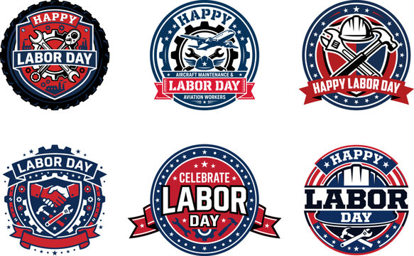 Set of labor day emblems and badges with industrial tools and symbols