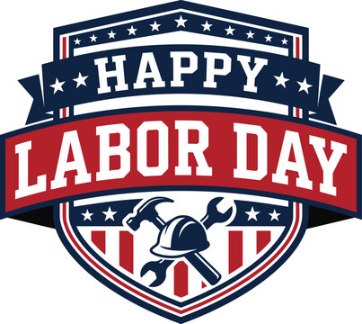 Happy labor day emblem with tools and hard hat, vector illustration