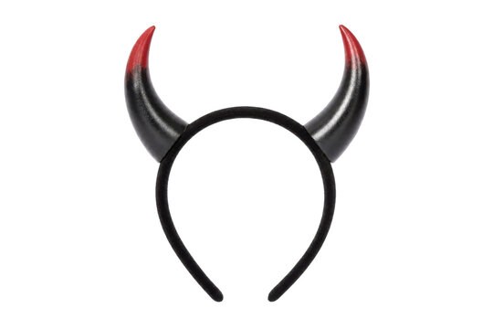 Black plastic devil horn headband with red tips is captured in a studio shot against a clean white background