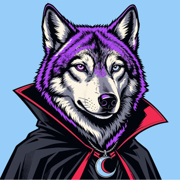 Wolf in Black Vampire Cloak and Crescent Moon Necklace Retro Pop Art Vector Illustration for Gothic Halloween Party, Dark Fantasy Poster and Monster Merch