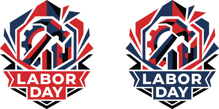 Labor day emblem with hammer and gear symbol in red blue and black colors