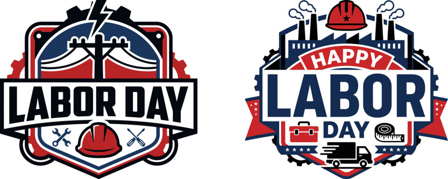 Labor day celebration emblems with industrial tools, construction gear, and factory icons set