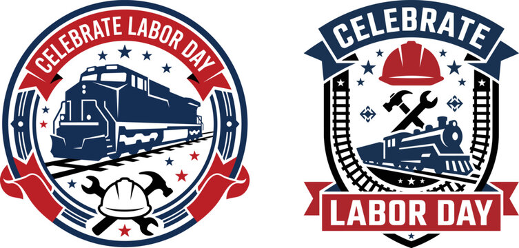 Labor day celebration emblems with train locomotive, hard hat, and tools