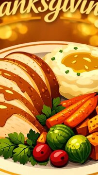 Festive thanksgiving dinner plate with sliced turkey, mashed potatoes topped with gravy, roasted carrots and brussels sprouts on a wooden table