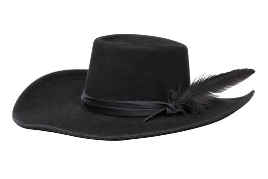 Classic black felt hat with a wide brim and a decorative feather, captured on a clean white background