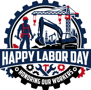 Happy labor day construction worker with excavator and crane gear emblem