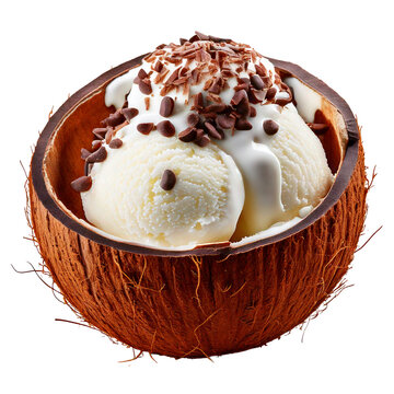 Selective focus vanilla ice cream with chocolate chips in coconut shell isolated on transparent or white background