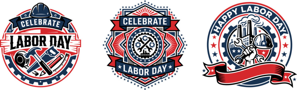 Set of labor day emblems with construction tools and factory icons