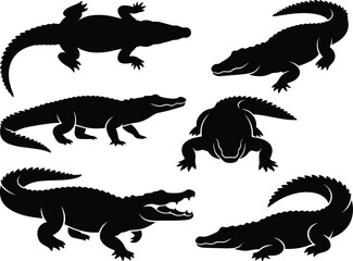 Fototapeta premium Collection of black crocodile silhouettes in various poses including walking, standing, and swimming isolated on a white background