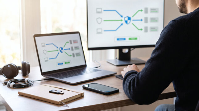 IT cybersecurity specialist working at office desk analyzing firewall network security diagram and data protection infrastructure on dual computer monitors