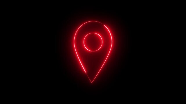 Neon location sign icon animation glowing red color journey map travel direction tracking position search address place sign symbol on black background