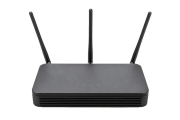 Fototapeta premium Black wireless internet router with three antennas and green indicator lights, isolated on a clean white background