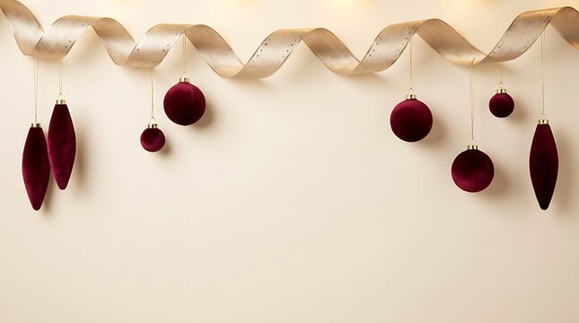 Festive christmas holiday background with elegant dark red velvet ornaments and golden ribbon decoration for seasonal greeting cards