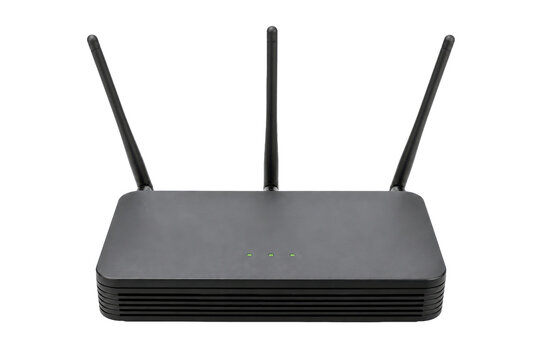 Black wireless internet router with three antennas and green indicator lights, isolated on a clean white background