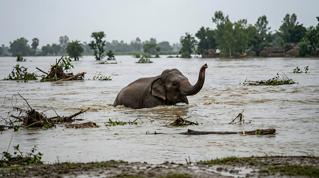 Elephant struggling in floodwaters during a natural disaster.
